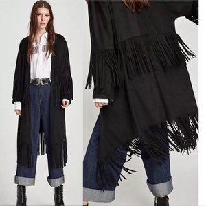 ZARA Womens Faux Suede Fringe Kimono Jacket Coat